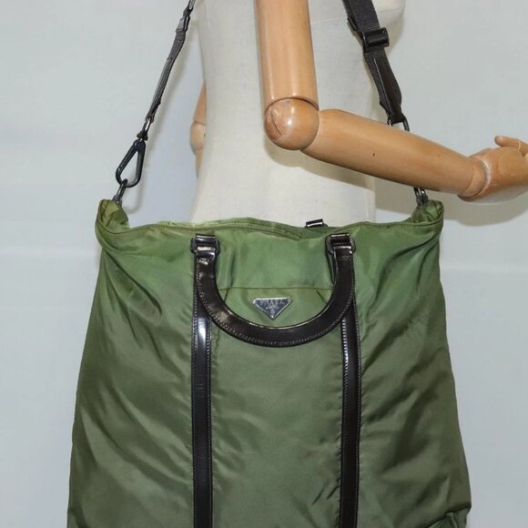 PRADA Hand Bag Nylon leather 2way Khaki Dark Brown Silver Auth 102248 - Picture 3 of 16